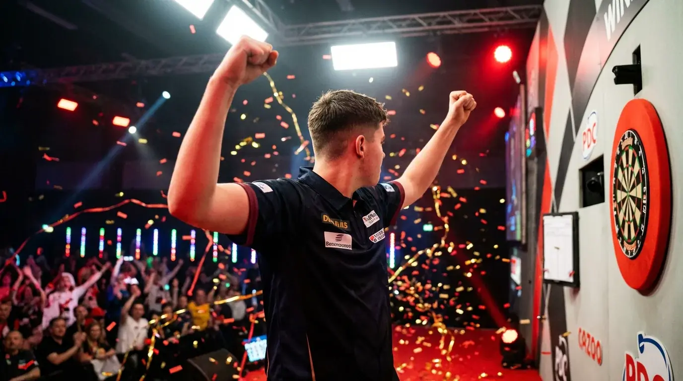 Young darts champion celebrating a tournament victory on the PDC stage